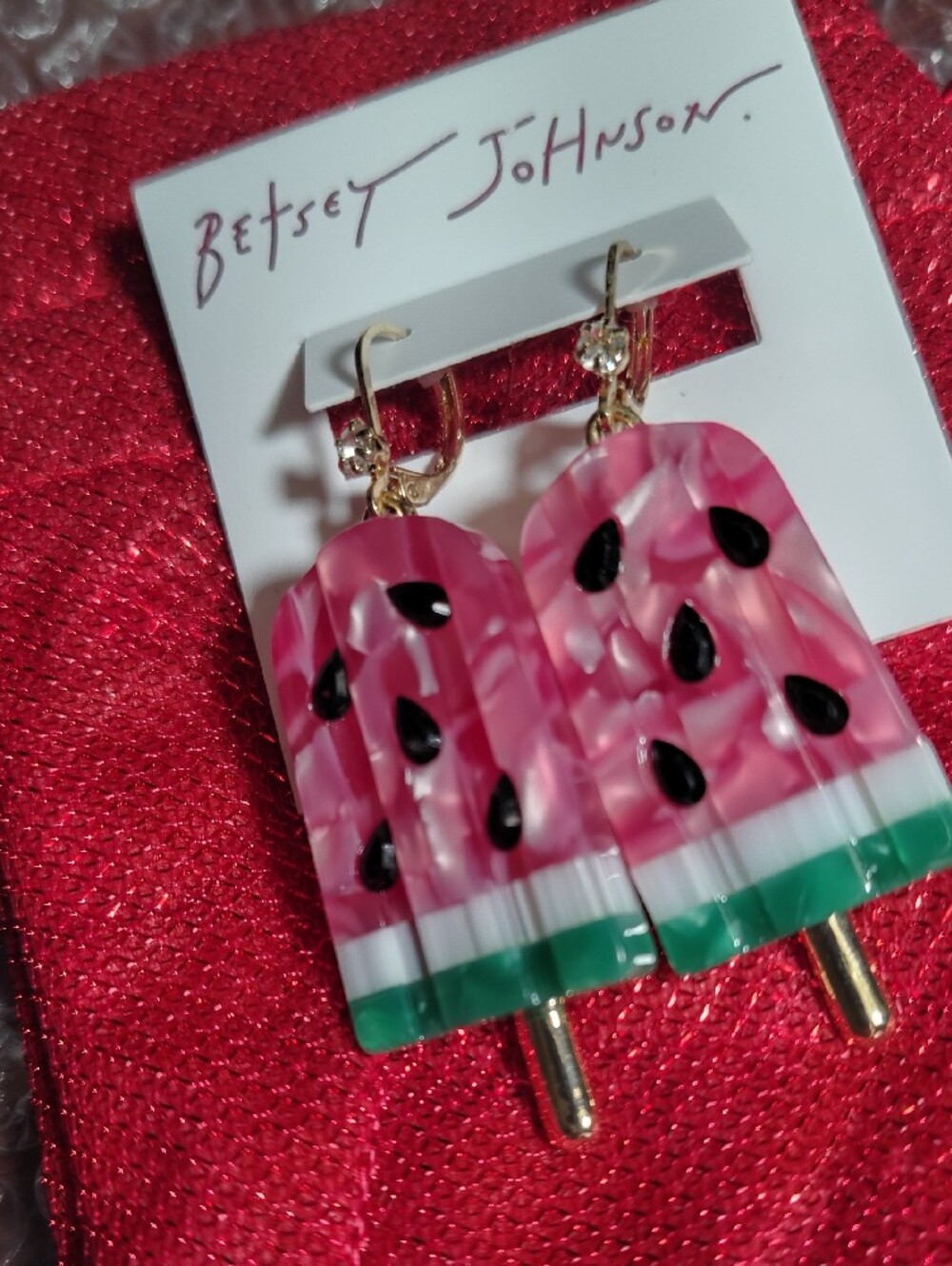 Betsey Johnson Pink Watermelon Popsicle Dangle Earrings (Gold Hooks)